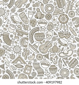 Cartoon line art hand-drawn latin american, mexican seamless pattern. Lots of symbols, objects and elements. Perfect funny vector background.