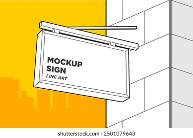 cartoon line art hanging billboard mockup with yellow vector background