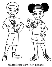 Cartoon line art illustration of 2 happy young explorers ready for their next adventure and isolated on white background. 