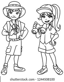 Cartoon line art illustration of 2 happy young explorers ready for their next adventure and isolated on white background. 