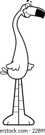 A cartoon line art illustration of a flamingo smiling.