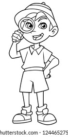 Cartoon line art illustration of happy little explorer with magnifier. 