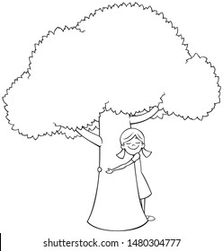 Cartoon line art illustration of little girl hugging tree.