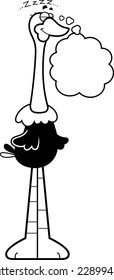A cartoon line art illustration of an ostrich sleeping and dreaming.