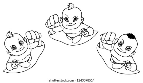 Cartoon line art illustration with three flying super babies and copy space for your text. 