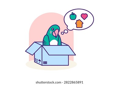 Cartoon line art parrot in box thinking about home, love, tasty food. Adopt pet design for pet shop branding, avian care app, veterinary website, nature graphic. Exotic pet ownership, birds, wildlife