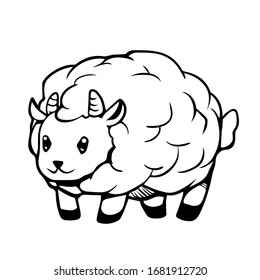 Cartoon line art of a sheep. Vector drawing of cute fluffy animal