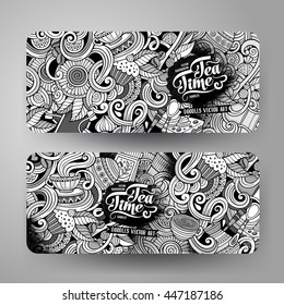 Dibujo artístico de la línea de caricatura, esquematico vectorial dibujado a mano doodles cafe identidad corporativa. 2 Diseño de banners horizontales. Conjunto de plantillas