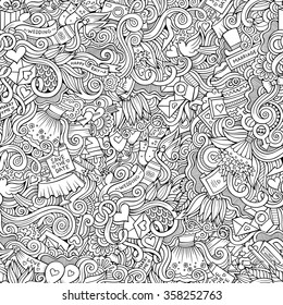 Cartoon line art vector doodles hand drawn wedding seamless pattern