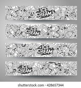 Cartoon line art vector hand drawn doodles ice cream corporate identity. 4 Horizontal banners design. Templates set