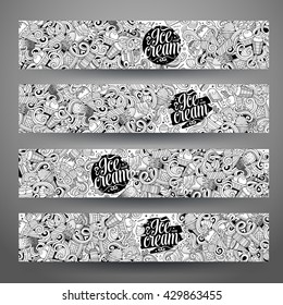 Cartoon line art vector hand drawn doodles ice cream corporate identity. 4 Horizontal banners design. Templates set