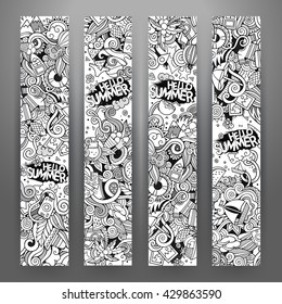 Cartoon line art vector hand drawn doodles summer corporate identity. 4 vertical banners design. Templates set