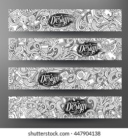 Cartoon line art vector hand drawn doodles design artistic corporate identity. 4 Horizontal banners design. Templates set