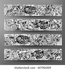 Cartoon line art vector hand drawn doodles music corporate identity. 4 Horizontal banners design. Templates set