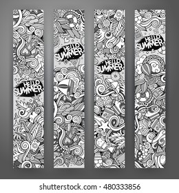 Cartoon line art vector hand drawn doodles summer corporate identity. 4 Vertical banners design. Templates set