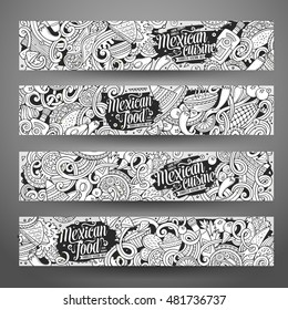 Cartoon line art vector hand drawn doodles mexican cuisine corporate identity. 4 horizontal banners design. Templates set