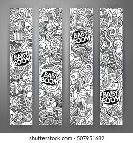 Cartoon line art vector hand drawn doodles baby boom corporate identity. 4 vertical banners design. Templates set