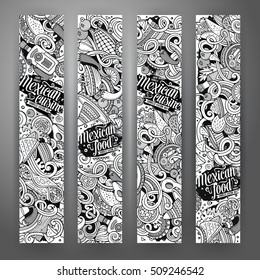 Cartoon line art vector hand drawn doodles mexican cuisine corporate identity. 4 vertical banners design. Templates set