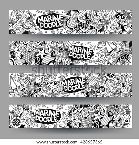 Cartoon line art vector hand drawn doodles marine corporate identity. 4 Horizontal banners design. Templates set