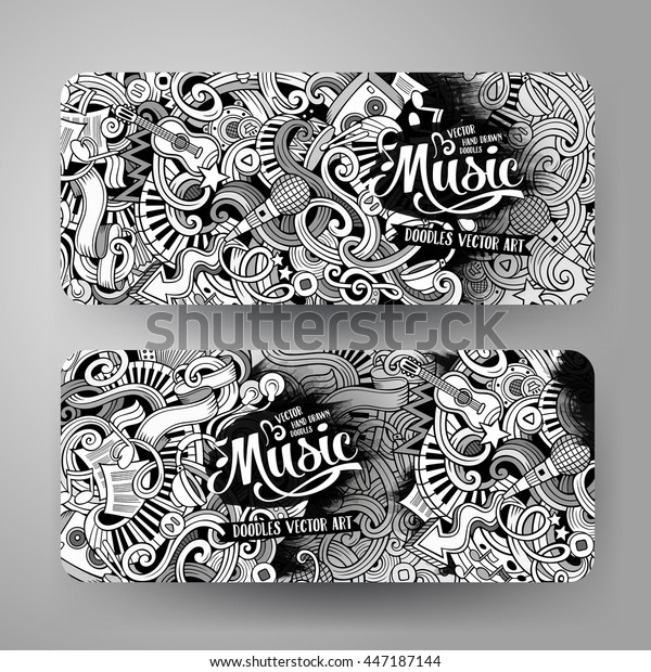 Cartoon line art\
vector hand drawn doodles music corporate identity. 2 Horizontal\
banners design. Templates\
set