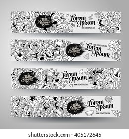 Cartoon line art vector hand-drawn Doodle on the subject of summer time. Horizontal banners design templates set