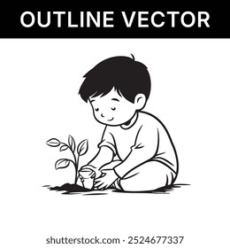 cartoon line art vector illustration ofchild planting seeds