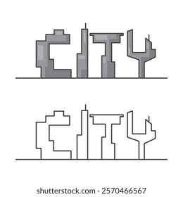 Cartoon line of buildings read as the text 'CITY'. Vector on white background.