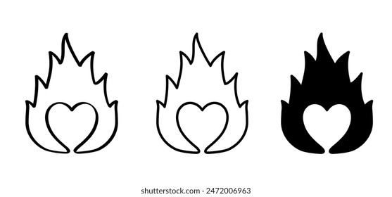 Cartoon line burning hearts. Symbol of passion and love. Bright fiery heart. Drawing flaming heart for Valentine's day. 14 february, valentine, valentines day. Powerful inferno energy, explosion.