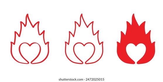 Cartoon line burning hearts. Symbol of passion and love. Bright fiery heart. Drawing flaming heart for Valentine's day. 14 february, valentine, valentines day. Powerful inferno energy, explosion.