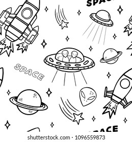 Cartoon line design set seamless pattern with UFO aliens spaceship planet and stars. Modern vector illustration print for street wear brand clothes t shirt sweatshirt poster sticker coloring. 