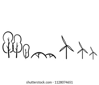 cartoon line drawing of
The city has a good environment, wind turbines, wind power.
Hand drawn vector illustrations