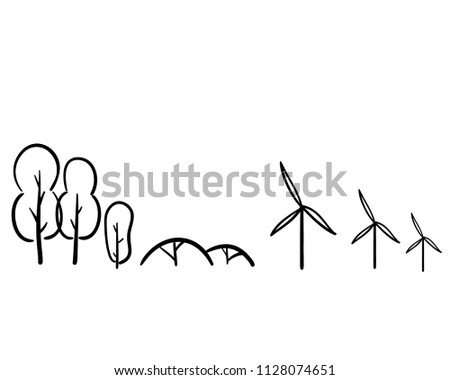 cartoon line drawing of
The city has a good environment, wind turbines, wind power.
Hand drawn vector illustrations