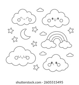 Cartoon line drawing of happy clouds, moon, rainbow and stars for children's creative projects and decor.