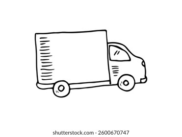 Cartoon line drawing simple doodle delivery small truck vector transport.