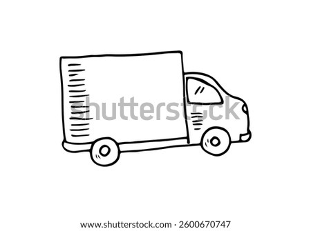 Cartoon line drawing simple doodle delivery small truck vector transport.