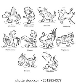 Cartoon line drawings of various dinosaurs in various poses, including angry faces.