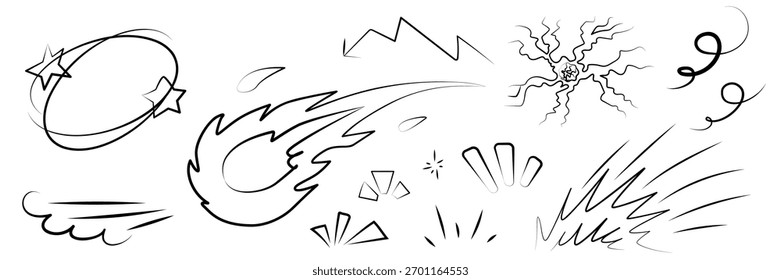 Conjunto de ícones de efeitos de linha de desenhos animados. Elementos de velocidade de mangá, movimento, estouro, movimento esboçado. Coleção de elementos surpresa cômico, mão desenhada formas vetoriais raivosas
