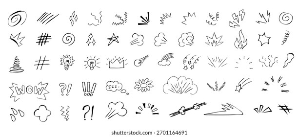 Conjunto de iconos de efectos de línea de dibujos animados. Elementos de velocidad de manga, movimiento, explosión, movimiento esbozado. Colección sorpresa del elemento del cómic, Formas enojadas dibujadas a mano del Vector