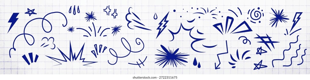 Conjunto de iconos de efectos de línea de dibujos animados. Elementos de velocidad de manga, movimiento y movimiento de ráfaga esbozado. Colección de elemento de cómic, imitación de Formas de Vector enojado dibujado a mano