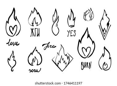 Cartoon line fire flame. Graphic vector elements and inscription burn in Russian. Sketch crown, fire heart, love. Hand drawing hot black tattoo illustration on white vintage background. Line bonfire