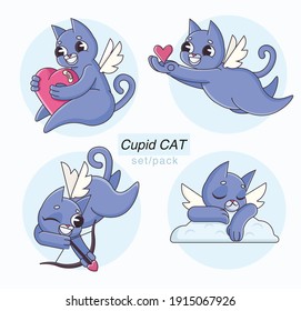 Cartoon line flat cupid cat stickers set, pack. Valentine's Day illustration, banner