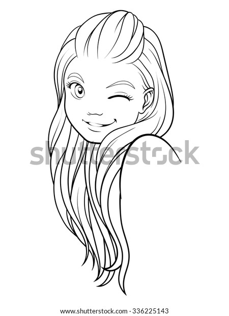 Cartoon Line Illustration Pretty Winking Girl Stock Vector (Royalty ...