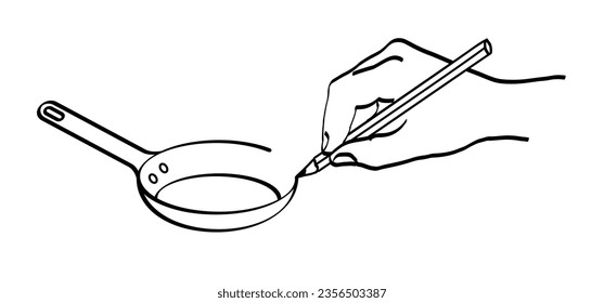 Cartoon line kitchenware, frying pan, skillet line icon. Cooking pot, frying pan and saucepan. Kitchen pots and pans. Cooking pot. Cook process with PTFE, steel, stainless and ceramic non-stick.