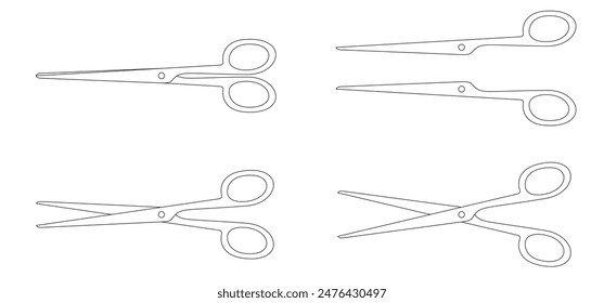 Cartoon line open and closed scissors icon. Flat vector open or close scissor for cutting coupon, voucher or paper. For dotted line with shears or scissors cut lines symbol. Tools for barber shop.