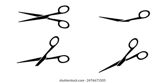 Cartoon line open and closed scissors icon. Flat vector open or close scissor for cutting coupon, voucher or paper. For dotted line with shears or scissors cut lines symbol. Tools for barber shop.