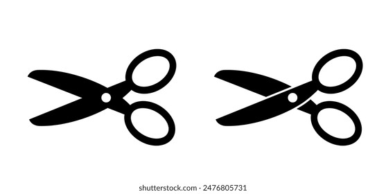 Cartoon line open and closed scissors icon. Flat vector open or close scissor for cutting coupon, voucher or paper. For dotted line with shears or scissors cut lines symbol. Tools for barber shop.