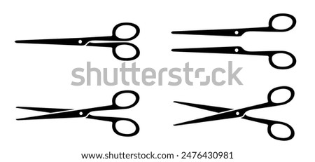Cartoon line open and closed scissors icon. Flat vector open or close scissor for cutting coupon, voucher or paper. For dotted line with shears or scissors cut lines symbol. Tools for barber shop.
