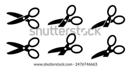 Cartoon line open and closed scissors icon. Flat vector open or close scissor for cutting coupon, voucher or paper. For dotted line with shears or scissors cut lines symbol. Cutout lines, snip markers