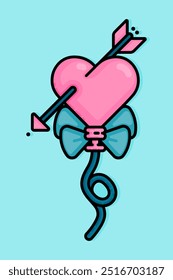 cartoon line style illustration of balloon tied with ribbon pierced with cupid's arrow. Clip art can be used for t shirt, clothing, print, banner, invitation, party card, sticker, pillow