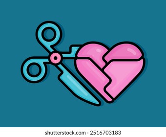 cartoon line style illustration of broken heart cut into pieces with scissors metaphorically for heartbreak, divorce and toxic relationships. Clip art can be used for t shirt, clothing, print, sticker